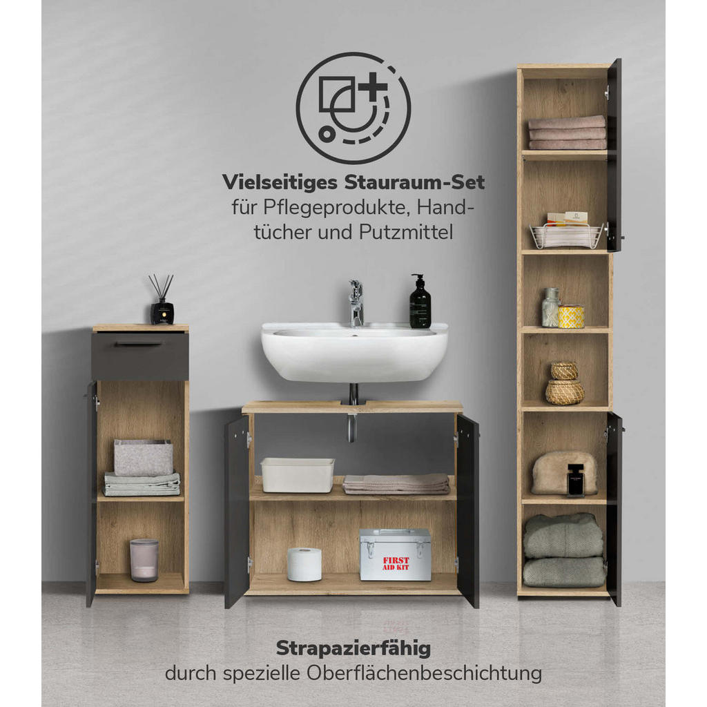 Thumbnail - Mokebo Badmöbel-Set, Anthrazit, Holzwerkstoff, 136x180x34 cm, Badezimmer, Badmöbelsets & Badmöbelserien, Badmöbel-Sets