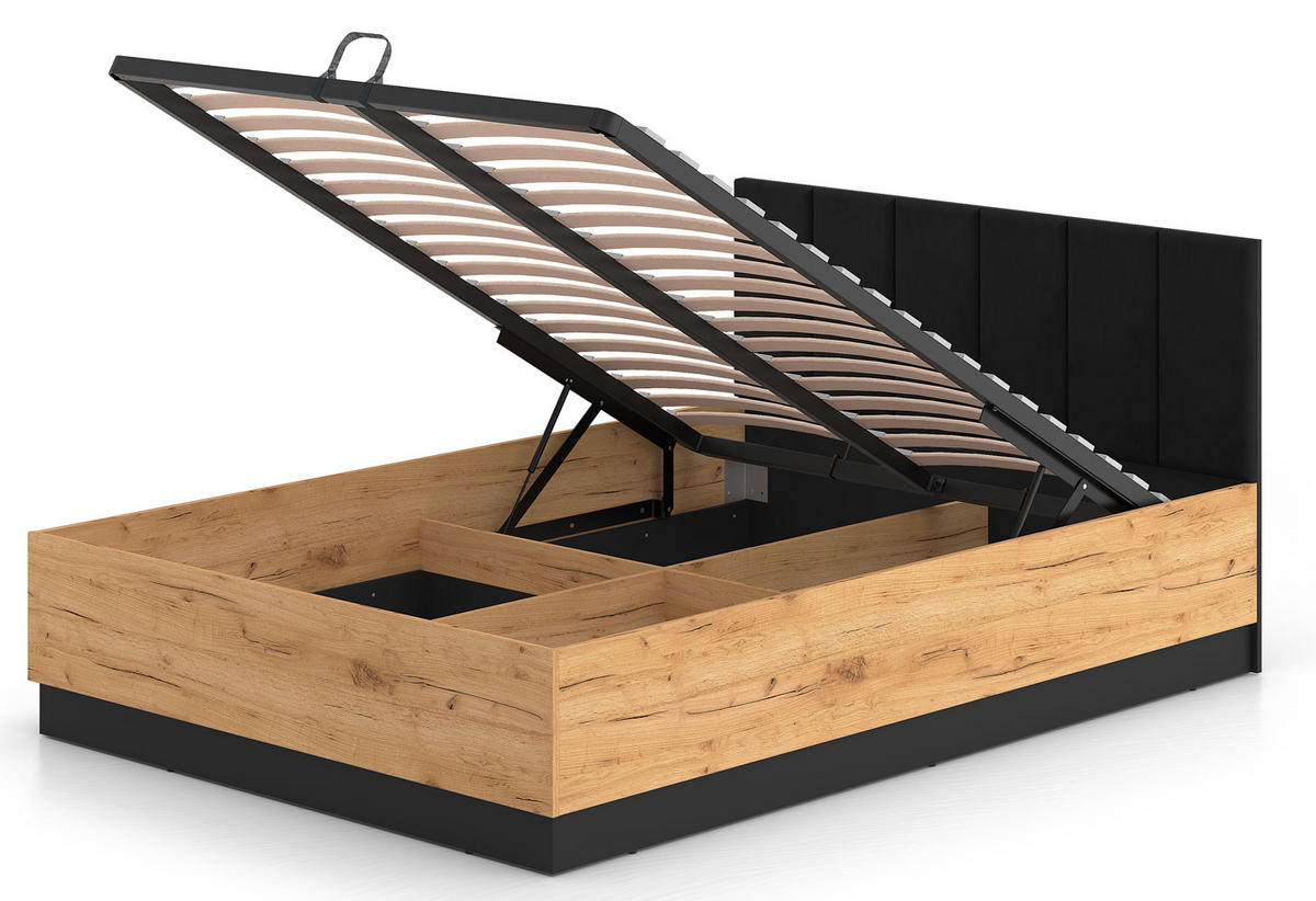 DOPPELBETT Urso Gold Craft Eiche / Schwarz 145 / 208 / 90 cm - Schwarz/Braun, Holz/Metall (140/200cm) - Feldmann-Wohnen