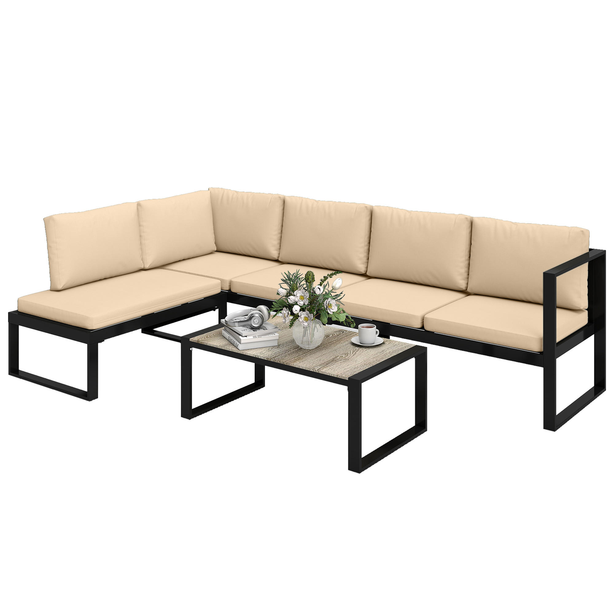GARTENMÖBEL-SET DE-06584 4-tlg. mit 2 Zweisitzern & Couchtisch Khaki - Taupe, Textil/Metall - ComfortXL