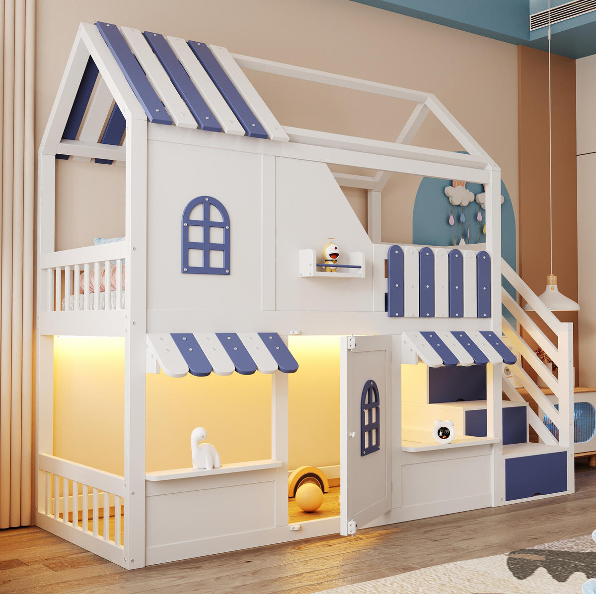 ETAGENBETT 90/200 cm Weiß Blau mit LED und Stauraum - Weiß, Holz (90/200cm) - MIVRAY