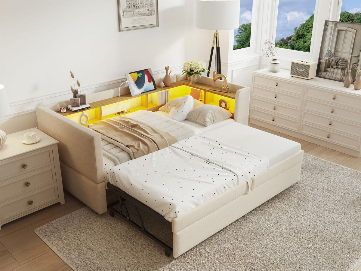 SCHLAFSOFA ausziehbar 90/180 x 190 cm Beige mit Ablagefächern - Beige, Metall (90/190cm) - Meubliv