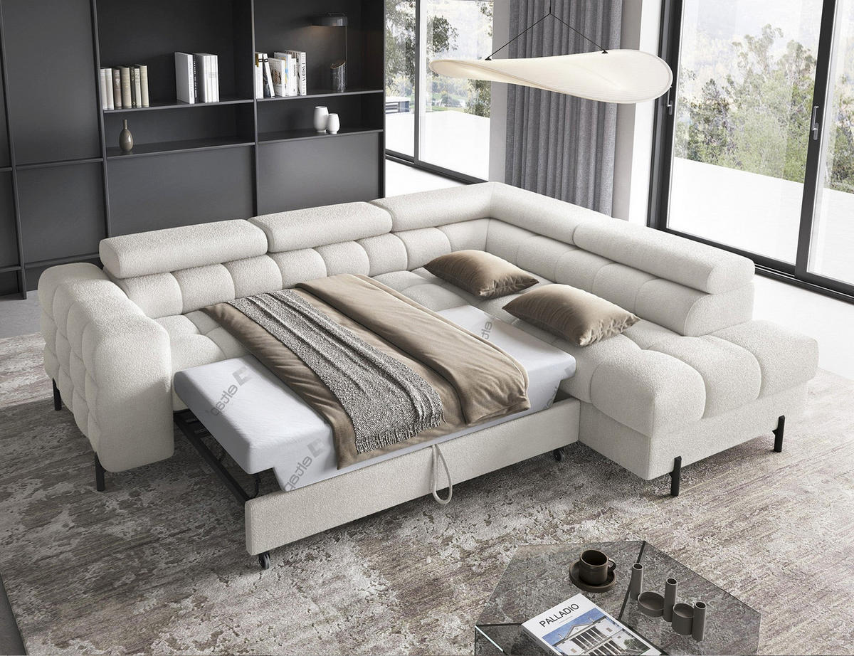 WOHNLANDSCHAFT FERUCCE Ecksofa L-Form – Polsterecke mit Schlaffunktion, Bettkasten & verstellbaren Kopfstützen 276 cm - Creme, Kunststoff (276/200cm) - Wohnideebilder