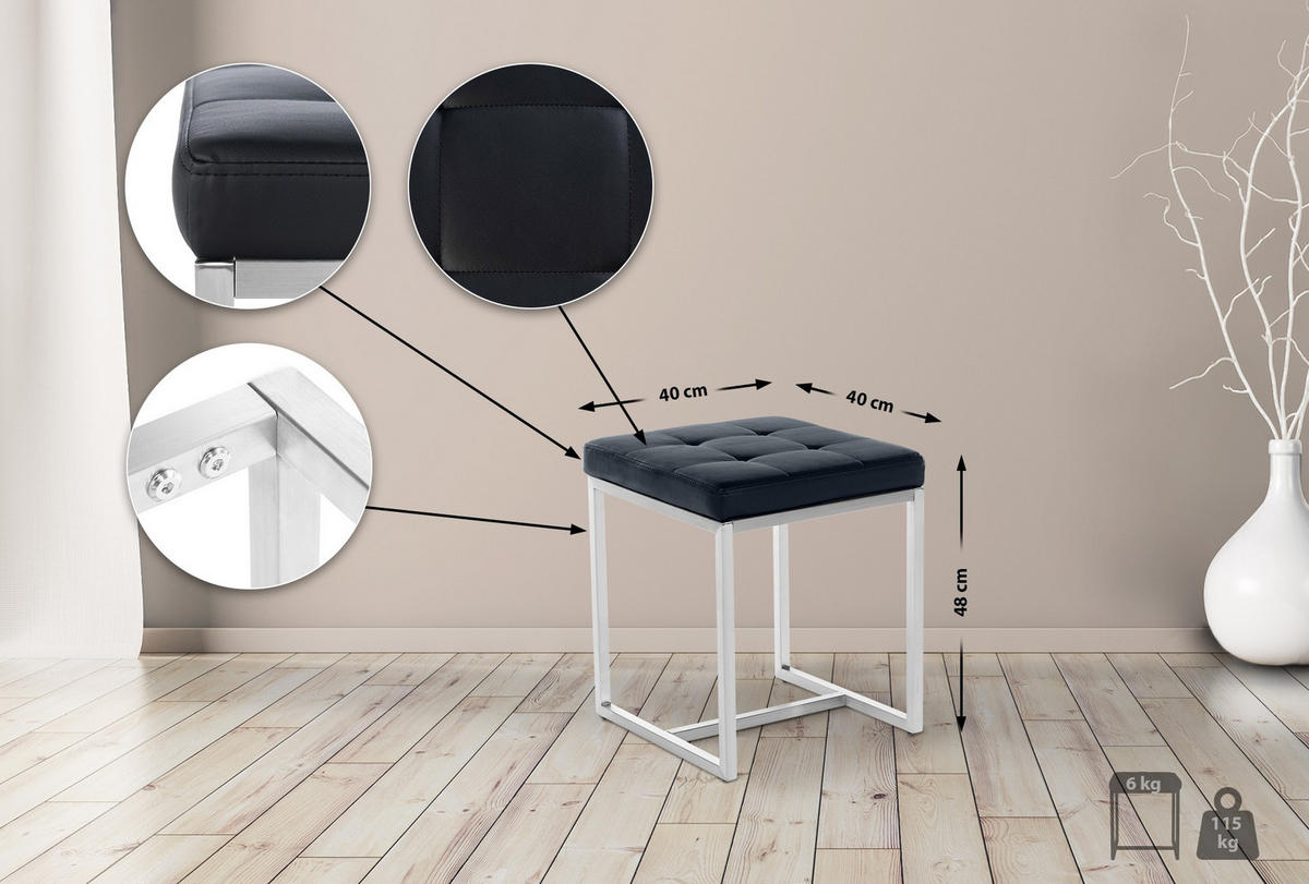 HOCKER Lederlook schwarz - Edelstahlfarben/Schwarz, Textil/Metall (40/48/40cm) - CLP