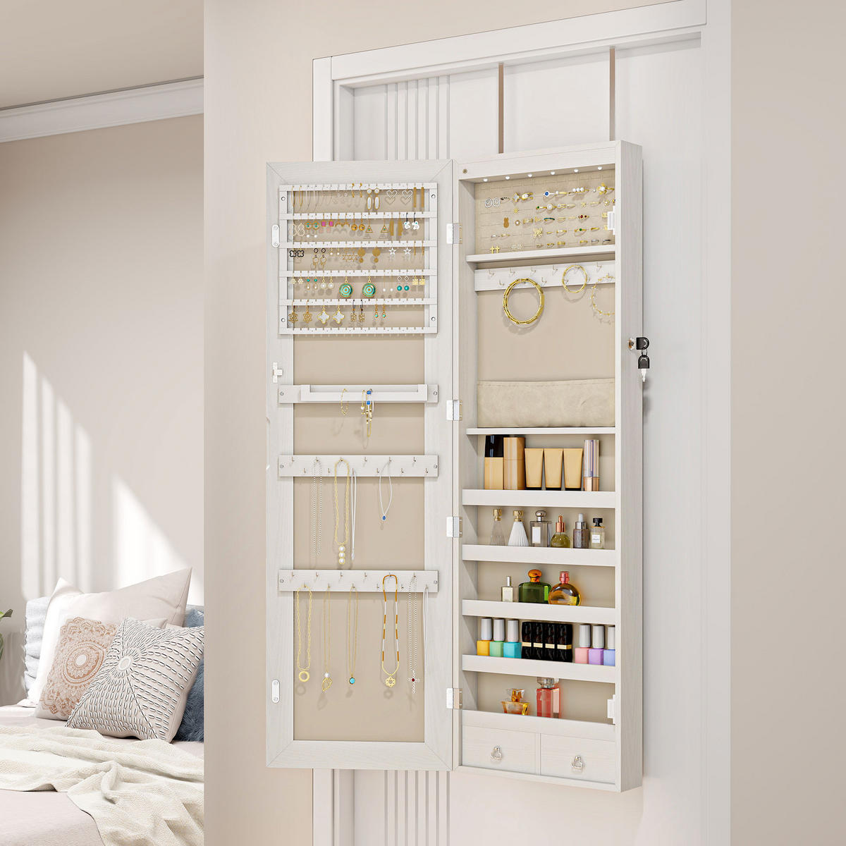 SCHMUCKSCHRANK MDF Glasspiegel Cremeweiß - Weiß, Holzwerkstoff (10/120/37cm) - HOMCOM