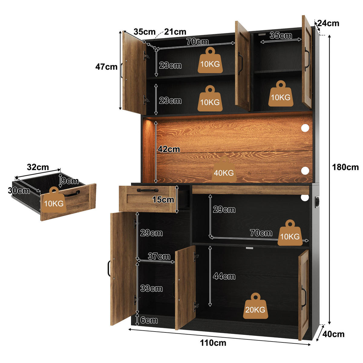 KÜCHENSCHRANK Vorratsschrank mit RGB-LED Steckdosen 6 Türen 1 Schublade 180cm - Naturfarben, Holzwerkstoff (110/180/40cm) - Urban Meuble