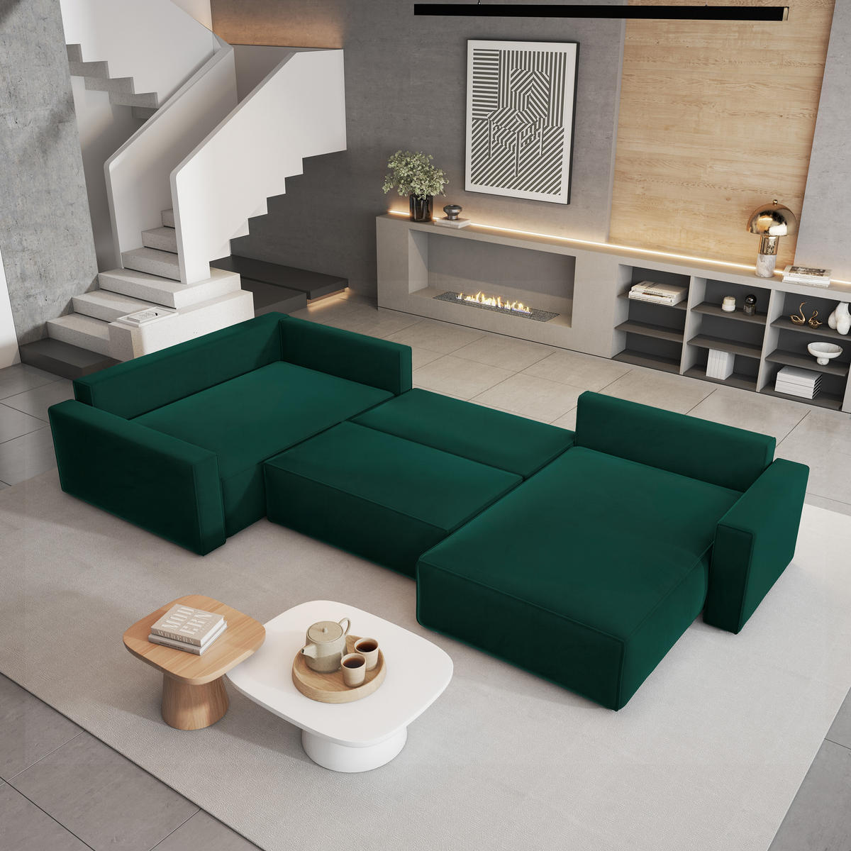 WOHNLANDSCHAFT VELAMI L-S Grün Velours-Stoff mit Schlaffunktion - Grün, Holz (365/83/194cm) - MASSENO