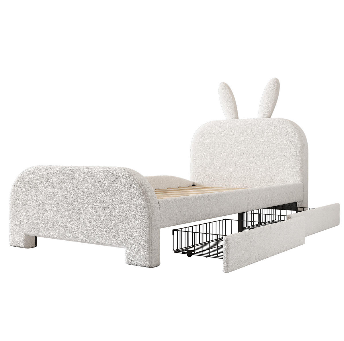 BETT 90/200 cm Cartoon Kaninchenform gepolstert mit zwei Schubladen Weiß - Weiß, Textil (90/200cm) - OKWISH