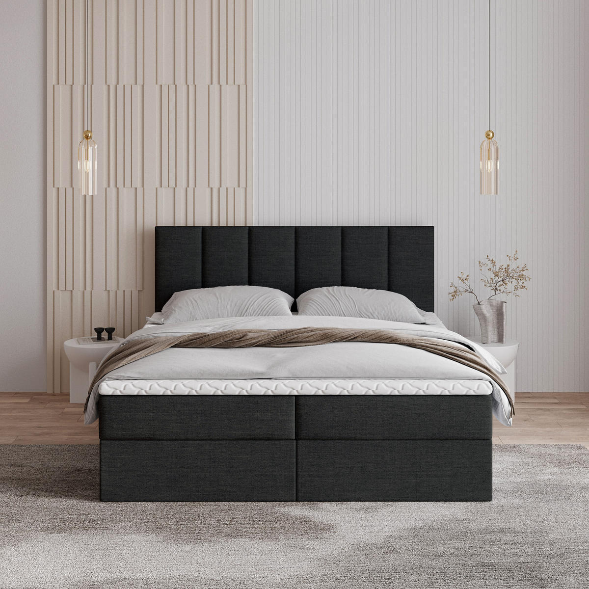 BOXBETT MERIL 140x200 cm mit Matratze und Topper - Schwarz - Anthrazit, Holz (140/200cm) - MASSENO