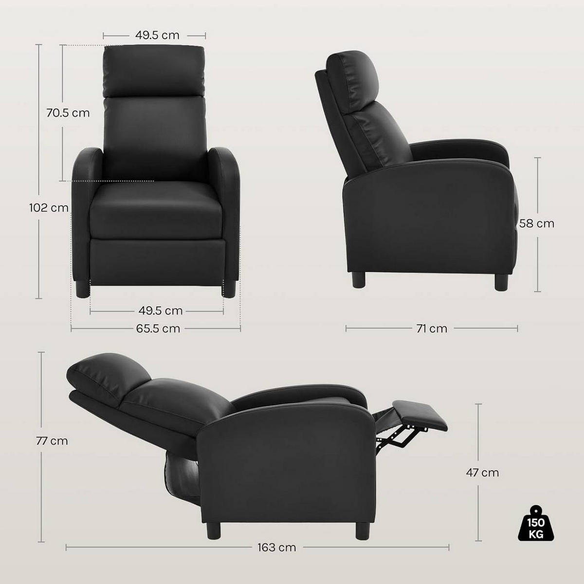 RELAXSESSEL mit Liegefunktion, Kunstleder, Schwarz - Schwarz, Kunststoff/Textil (65.5/102/89cm) - Woltu