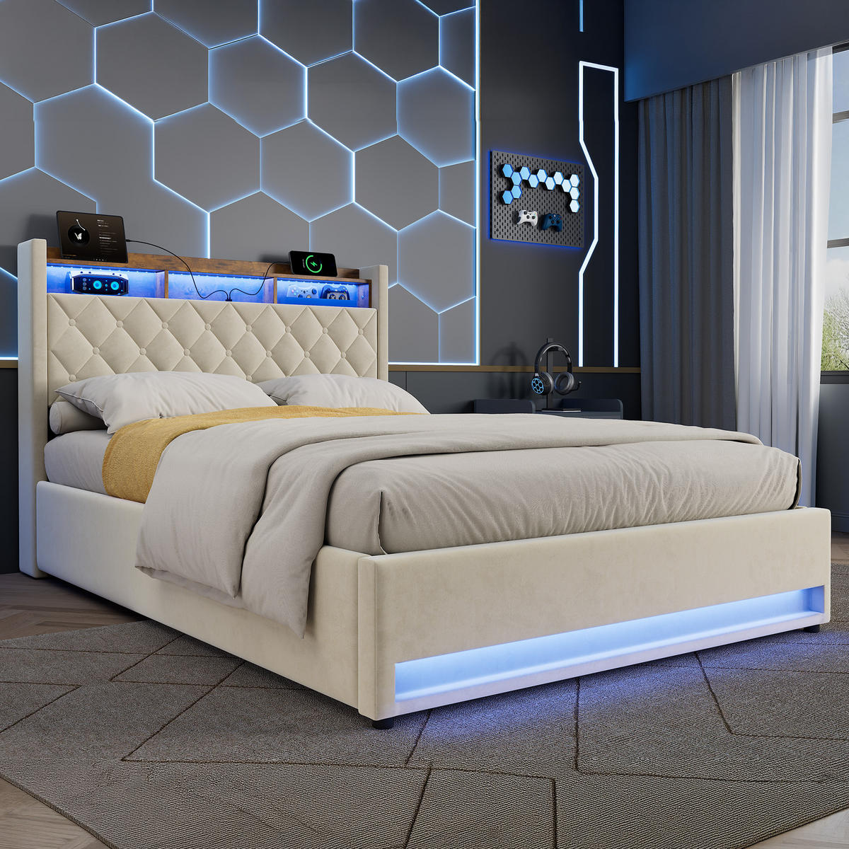 POLSTERBETT 140/200 cm in Beige Samt mit Bettkasten, LED-Beleuchtung und USB-Anschluss - Beige, Holzwerkstoff/Textil (140/200cm) - CHICFURN