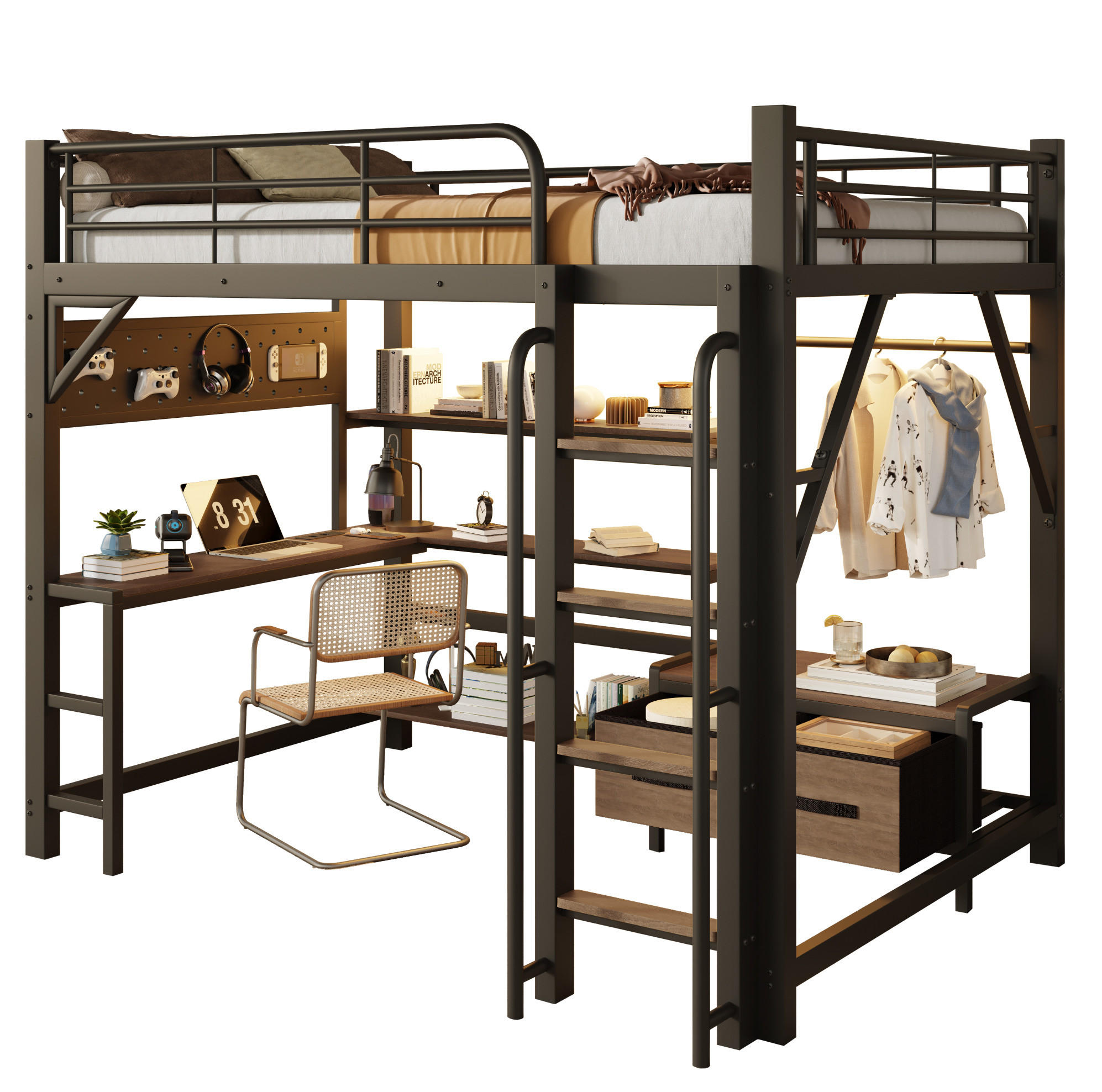 HOCHBETT aus Metall und MDF 140x200 cm Schwarz mit Schreibtisch, LED-Lichtleiste, USB und Stauraum - Schwarz, Holzwerkstoff (140/200cm) - Modfu
