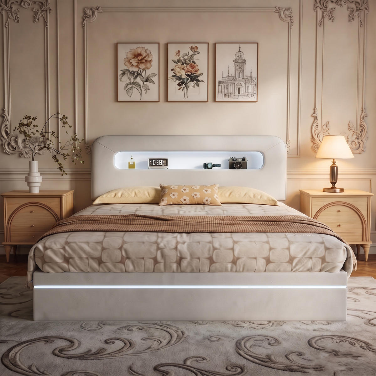 POLSTERBETT 140x200 mit bettkasten, Doppelbett mit stauraum, LED, lattenrost, samt, beige - Beige, Holz/Textil (140/200cm) - GENKI LIVING