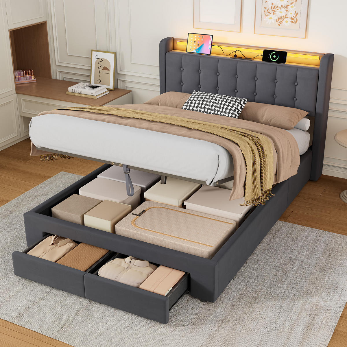 POLSTERBETT 140/200 cm in Grau, Samt, mit Bettkasten, USB, LED, Stauraum und Schubladen, ohne Matratze - Grau, Holzwerkstoff/Textil (140/200cm) - WISHDOR
