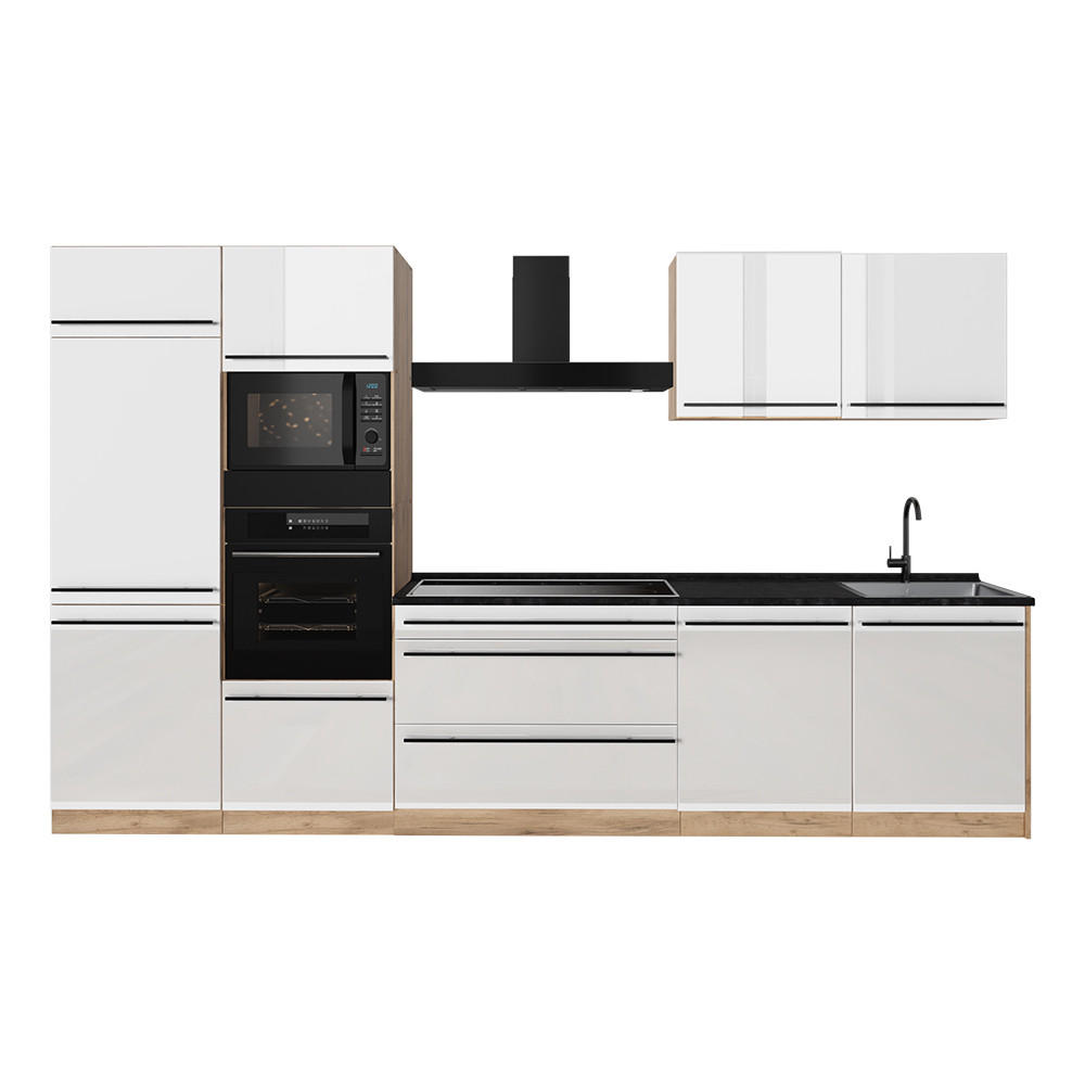 KUHINJA R-Line, Bela visok sijaj/Zlati hrast z močjo, 340 cm pracovní deska Antracit - barve hrasta/bela, leseni material (340/206.8/60cm) - Vicco