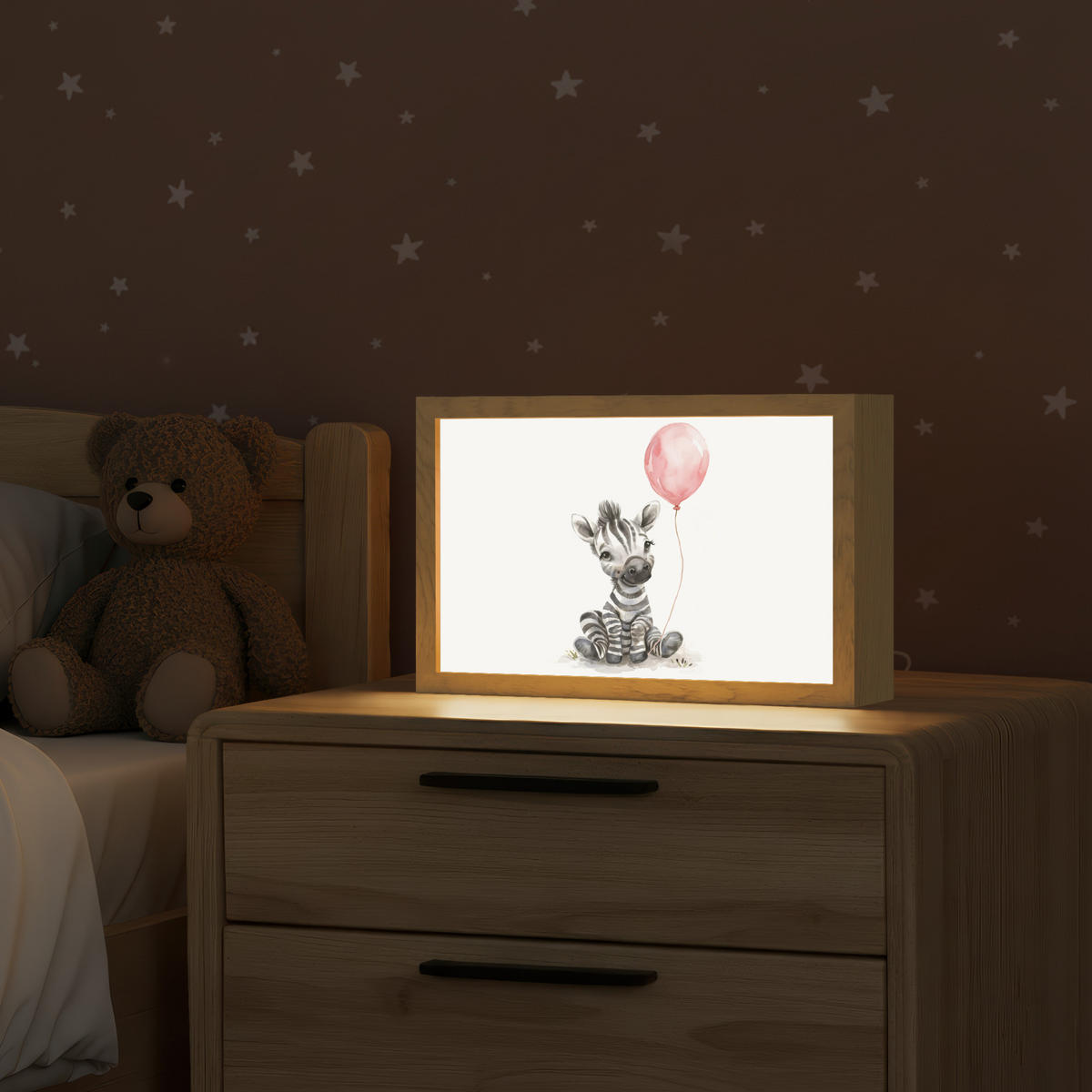 NACHTTISCHLAMPE Zebra - Baby - Tiere - Rosa Luftballon 30x20 cm - Weiß, Holzwerkstoff (8/30/20cm)
