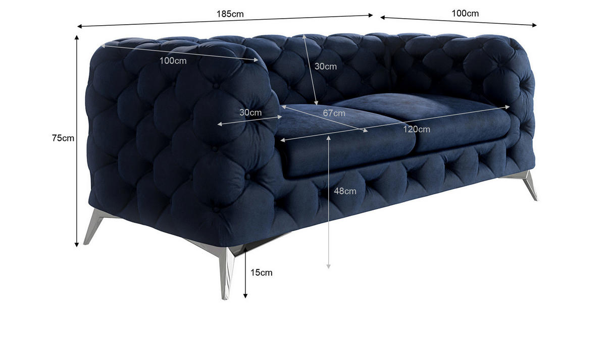CHESTERFIELD-SOFA 2-Sitzer Laura Marineblau Samt - Silberfarben/Dunkelblau, Holz/Textil (185/75/100cm) - S-Style Möbel