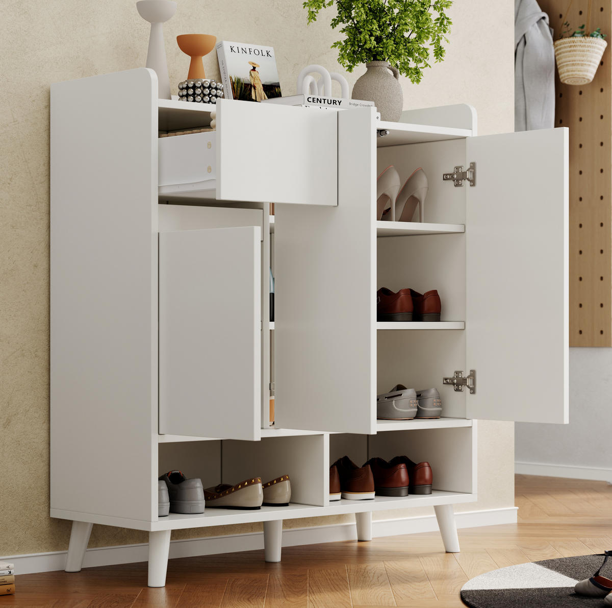 SCHUHSCHRANK 35/90/99 cm weiß aus Spanplatte mit verstellbaren Einlegeböden - Weiß, Holzwerkstoff (90/99/35cm) - OKWISH