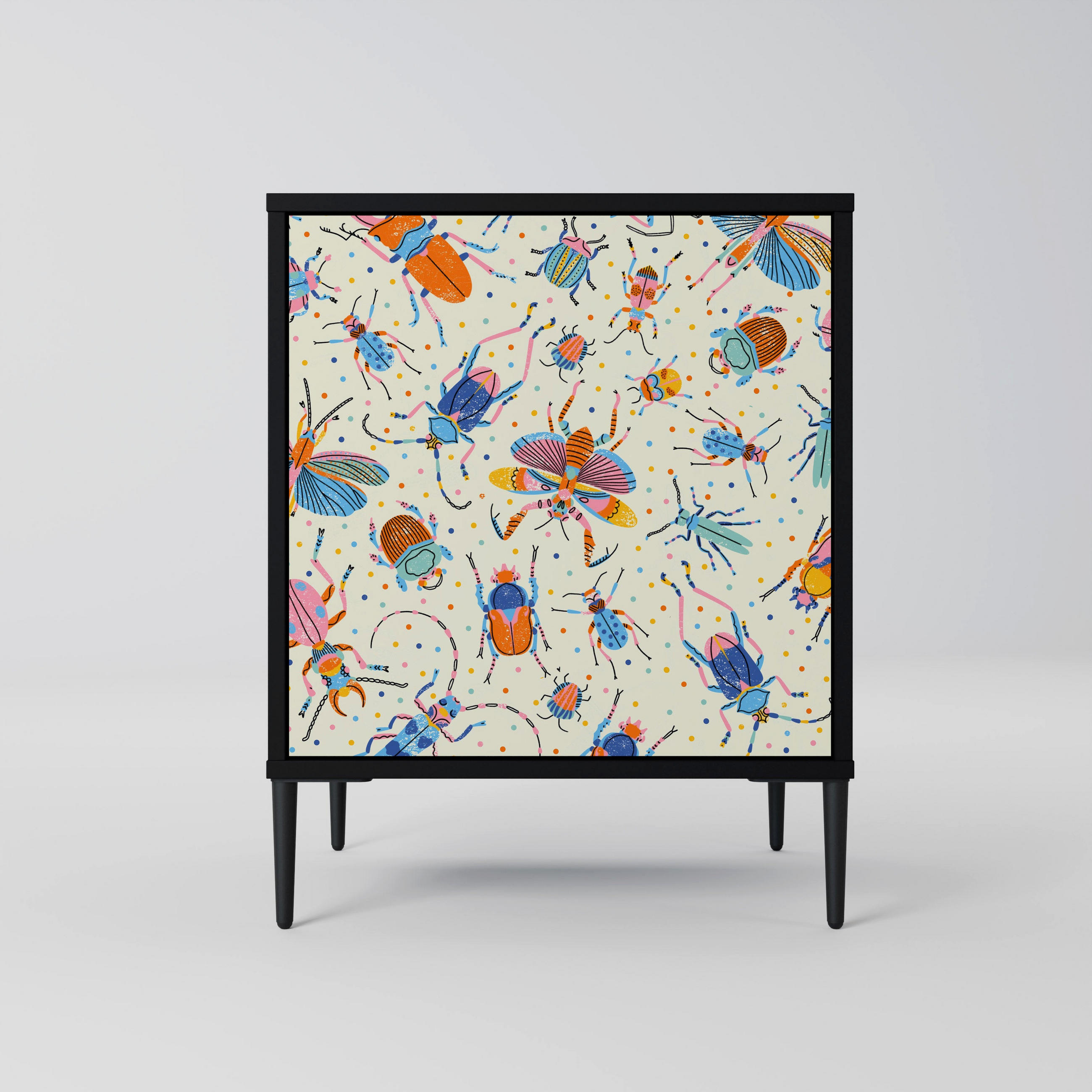 SIDEBOARD COLORFUL INSECTS, Schwarz, 57,5x42x72,5 cm, Schwarze Metallfüße - Multicolor/Schwarz, Holzwerkstoff/Metall (57.5/72.5/42cm) - SpaceRebels