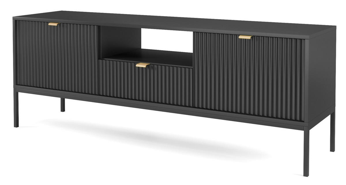 LOWBOARD Kioto RTV 154 cm in Schwarz und mit schwarzen Füßen - Schwarz Hochglanz/Goldfarben, Holzwerkstoff/Metall (154/56/39cm) - Ravio