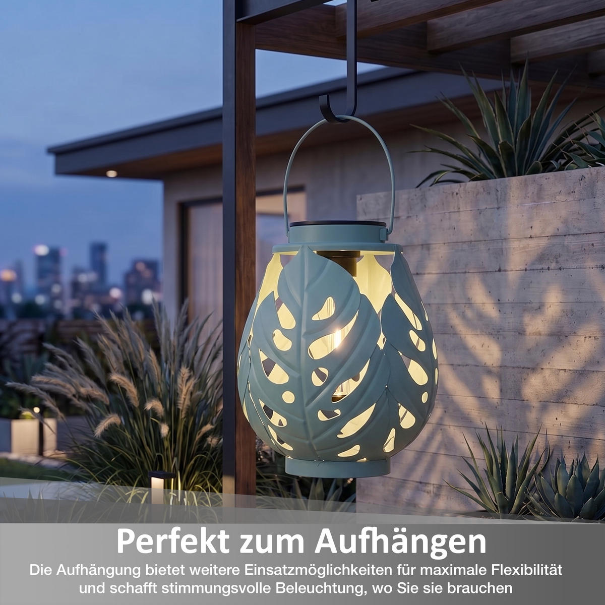 LED-LATERNE Gartenleuchte COB-LED Metall Ø 19 x 22 cm ELBLIGHT Monstera-Blätter - Mintgrün, Metall (19/19/22cm) - Northpoint