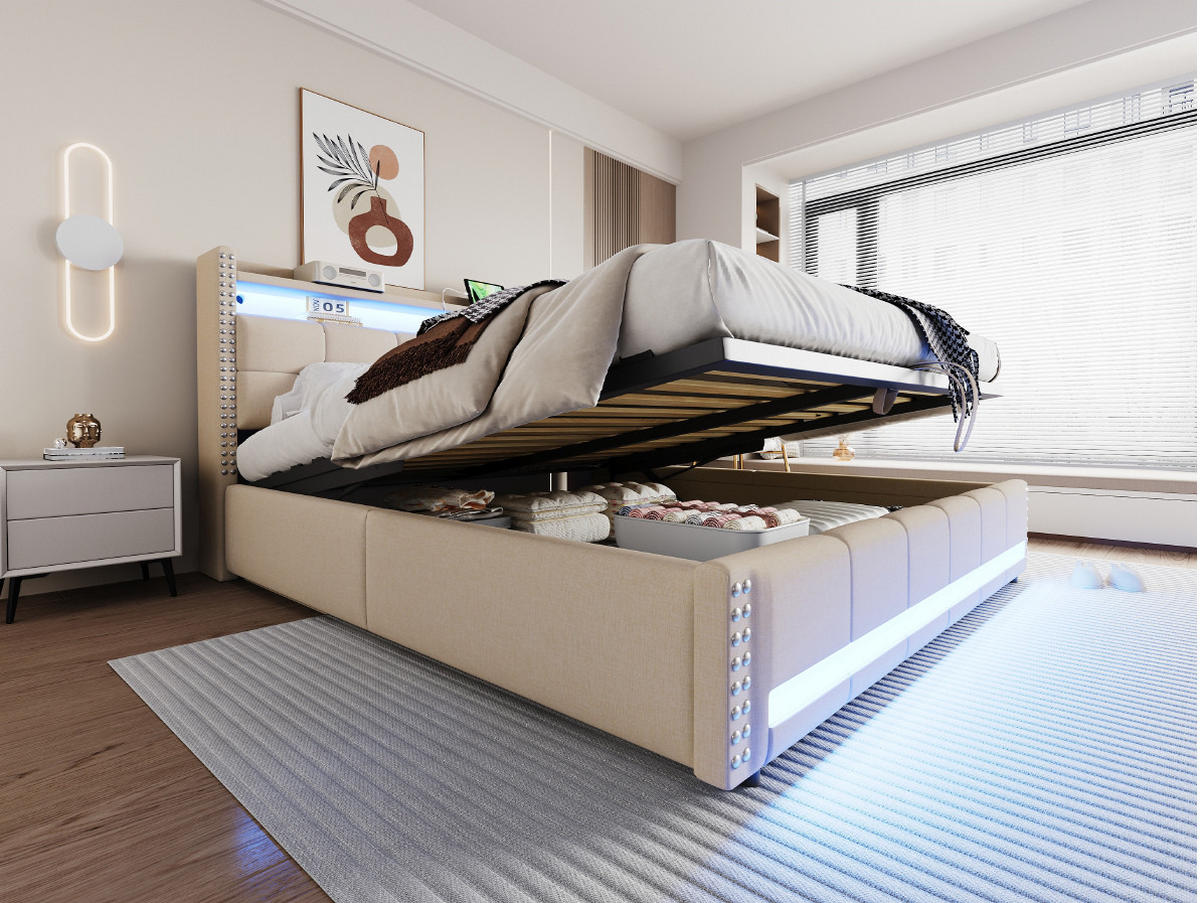 POLSTERBETT 180/200 cm Beige aus Leinenstoff mit LED-Beleuchtung und Stauraum - Beige, Textil (180/200cm) - OKMYHOME