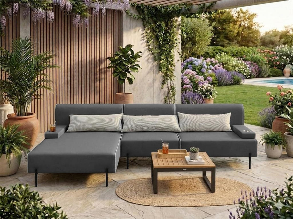 GARTENSOFA BORNEO S Wetterfest 300x170x86 cm, Links, Solide Konstruktion, HR-Schaumfüllung, Wetterfeste Bezugstoff, Dunkelgrau - Dunkelgrau, Holz/Metall (300/86/170cm) - Trada