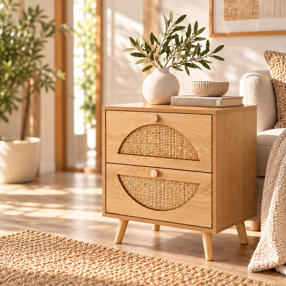 NACHTTISCH Natur Rattan 2 Schubladen - Hellbraun, Holz/Holzwerkstoff (40/52/35cm) - Relaxdays