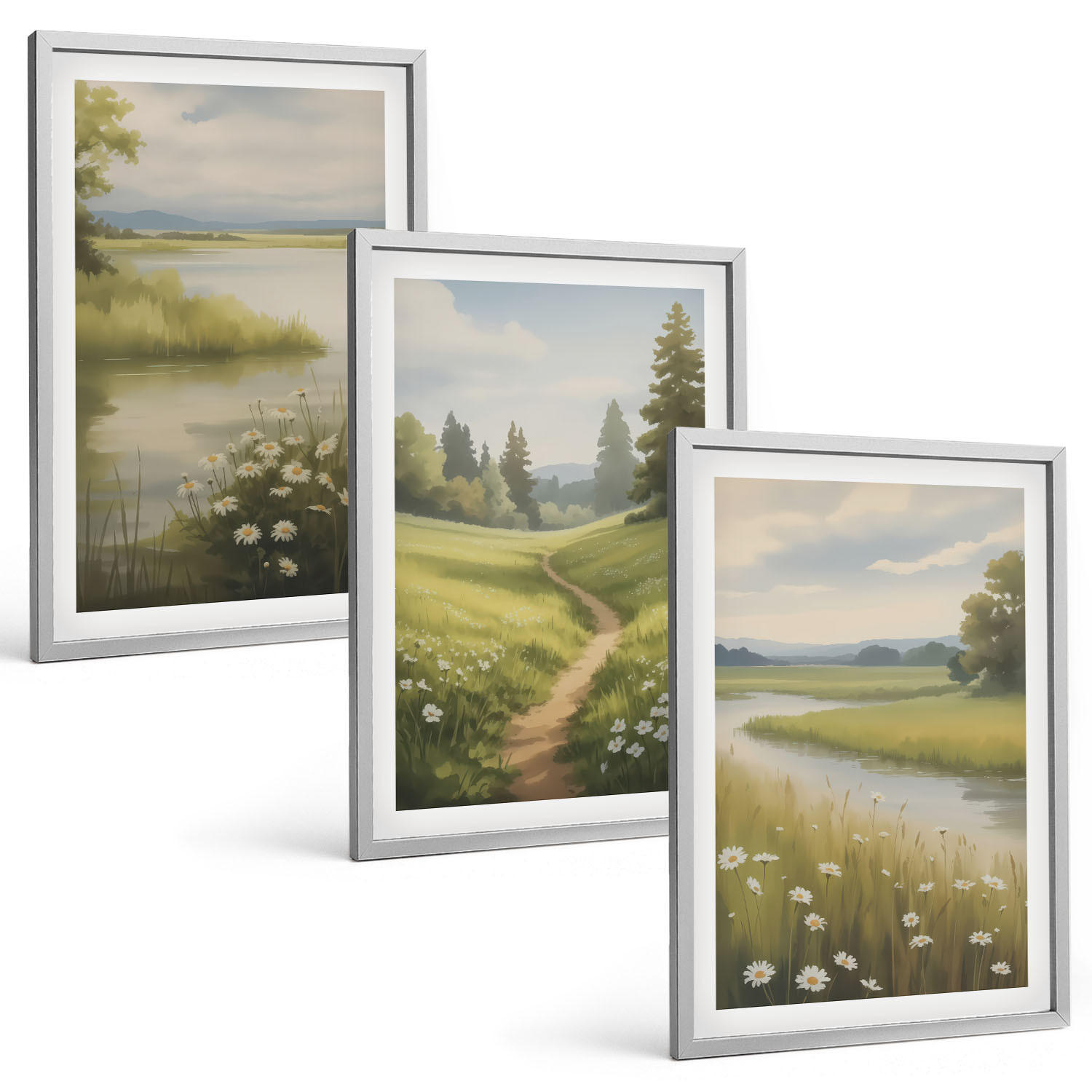 BILDER SET 3er Set - 40x60 cm Silberner Rahmen - Frühlingslandschaft Flusswiese - Silberfarben, Kunststoff (40/60cm) - TULUP