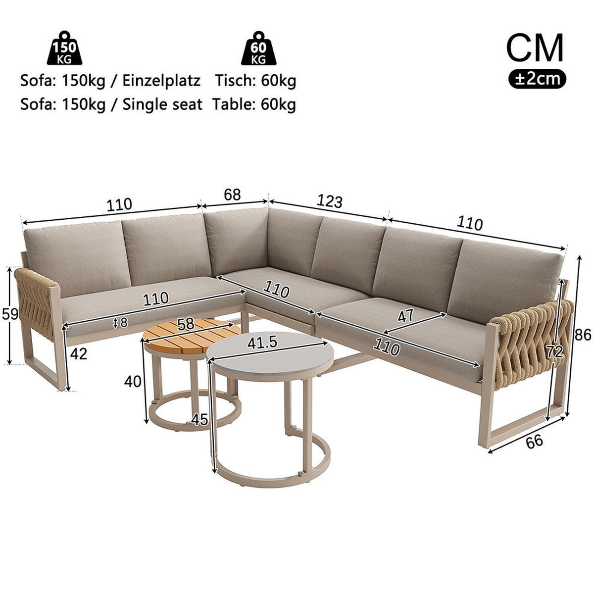 GARTENMÖBELSET für 5-6 Personen in Beige, inklusive aller Sitz- und Rückenkissen - Beige, Metall - KOMHTOM