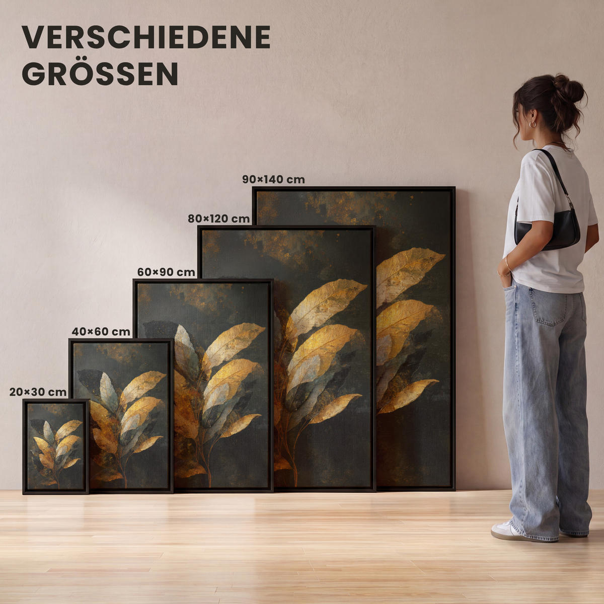 LEINWAND Bilder mit Rahmen - Golden Leaf Komposition - Botanical Luxury - 40x60 - Goldfarben, Textil (40/60cm) - MuchoWow