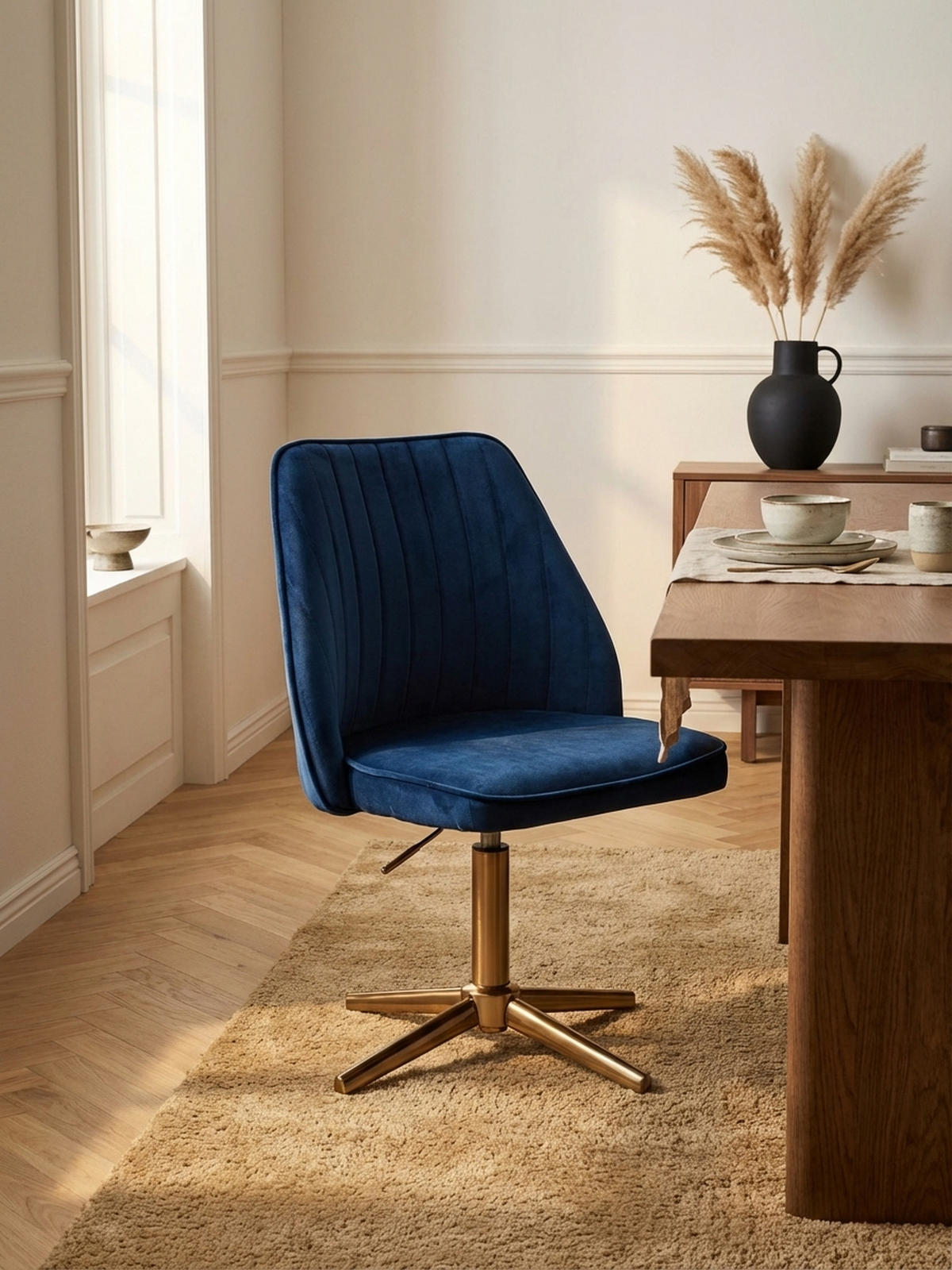 DREHSTUHL Samt mit Höhenverstellung, Eisenfuß und 360° Drehfunktion TANARO, Blau 60x60x100 cm - Blau/Goldfarben, Textil/Metall (60/100/60cm) - KADIMA DESIGN