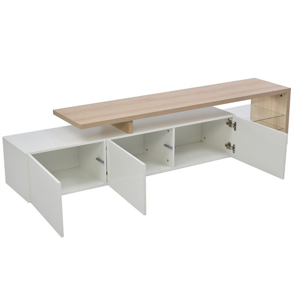 TV-LOWBOARD - TV-Schrank mit LED-Beleuchtung - offenem Glasregal und Stauraum - Weiß+Natur - Weiß, Holzwerkstoff (39/42/200cm) - DELFA