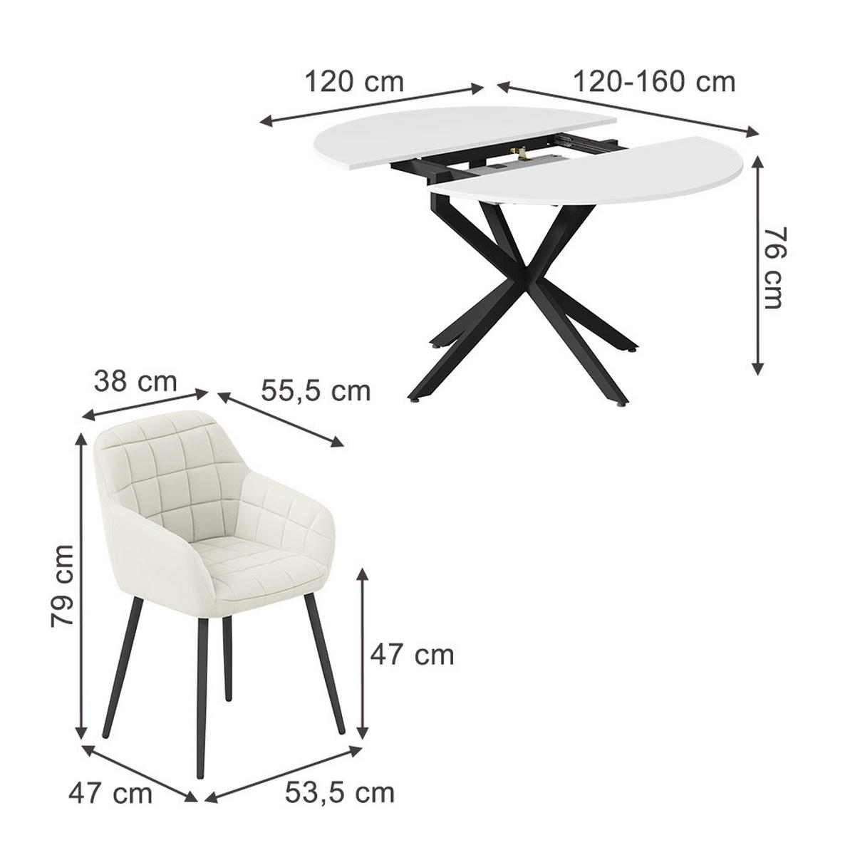 SÚPRAVA JEDÁLENSKÉHO STOLA Loyd, biely/čierna, 120 x 120 cm so 4 jedálenskými stoličkami (béžové) - čierna/biela, kompozitné drevo (120/76.5/120cm) - Vicco