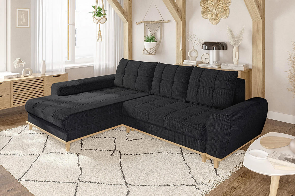 ECKSOFA im Scandi-Stil, Schlaffunktion, Bettkasten B268/T175/H86 cm, Ottomane links, Liegefl. 128x209 cm, Bouclé Chenille Stoff in Anthrazit / 21012 - Eichefarben/Anthrazit, Holz/Textil (268/175cm) - luma-home