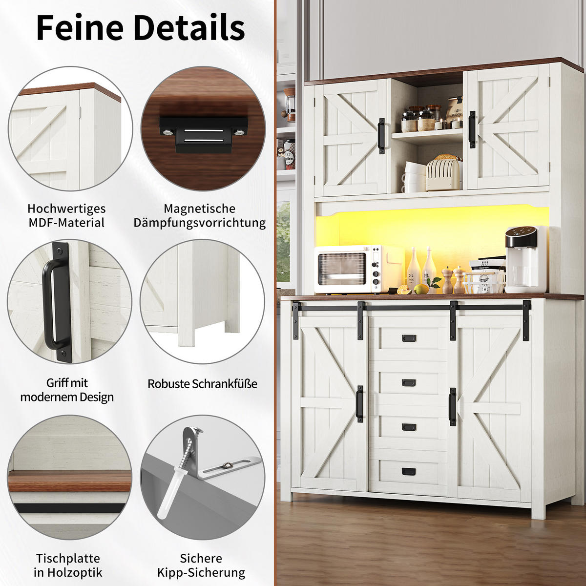 BUFFET 115/40/174,7 cm weiß aus MDF und Metall mit LED - Weiß, Holzwerkstoff (115/174.7/40cm) - OKWISH