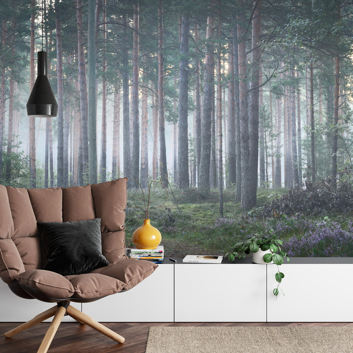 FOTOTAPETE für Wohnzimmer Nebelwald mit Bäumen Moos Grün 300x210 - Grau/Grün, Papier (300/210cm) - Muralo