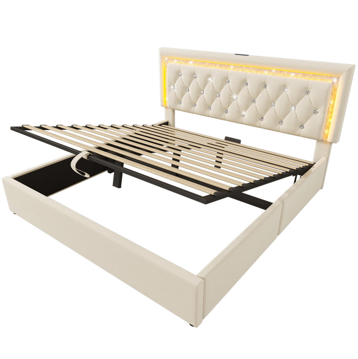 POLSTERBETT 140/200 cm Beige aus Samt mit LED, USB und Stauraum - Beige, Textil (140/200cm) - OKMYHOME