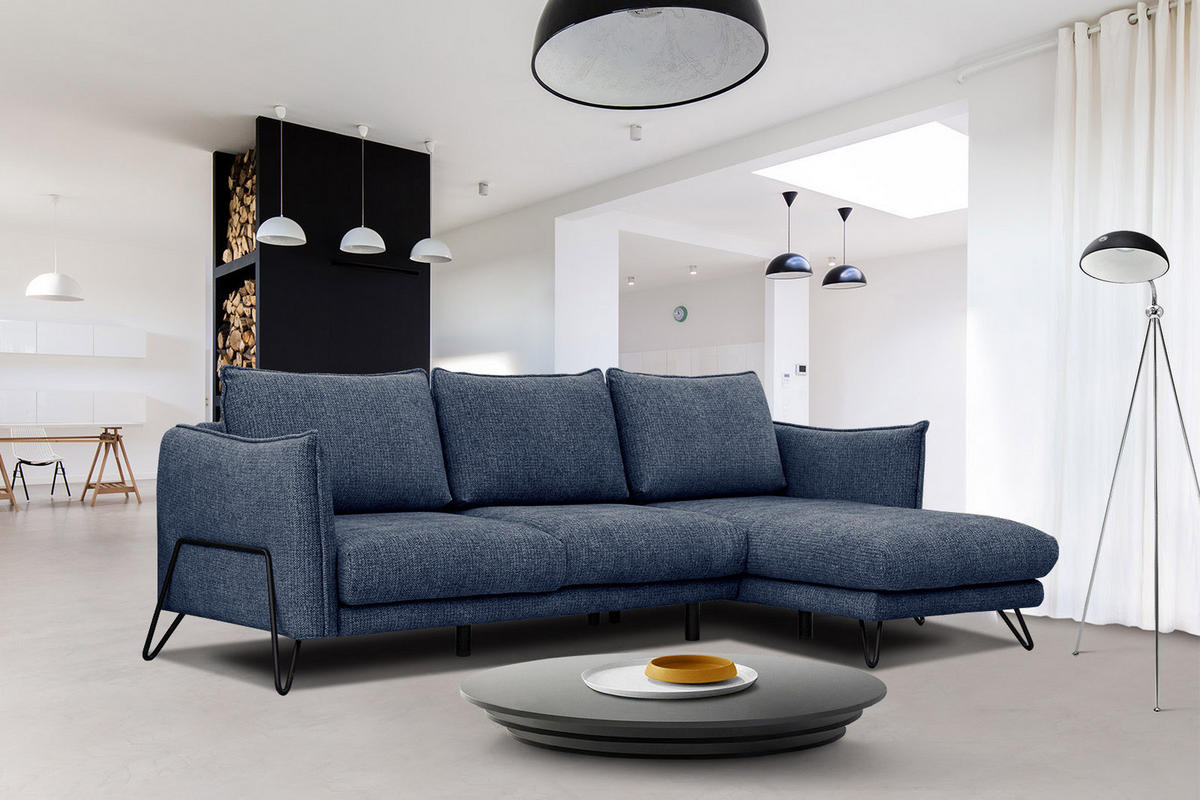 ECKSOFA HOSTEN 4-Sitzer, dunkelblau - Schwarz/Dunkelblau, Holzwerkstoff/Textil (269/158cm) - Courtois Laville