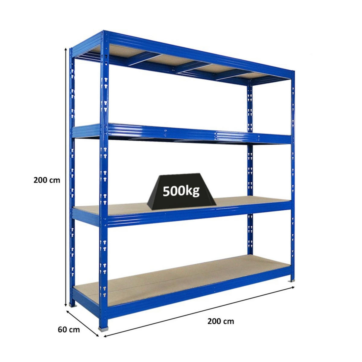 SCHWERLASTREGAL Rhino 200x200x60 cm 4 Spanplatten-Ebenen 8mm Fachlast 500 kg Blau - Blau, Metall (200/200/60cm) - PROREGAL