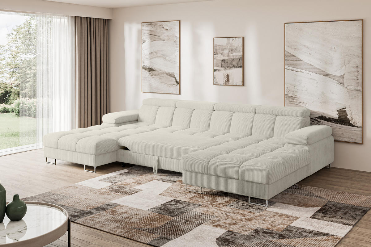 WOHNLANDSCHAFT mit Schlaffunktion und Bettkasten COMA U2 345x203x79 Creme Cord - Mokka, Holzwerkstoff/Textil (345/79/203cm) - ALTDECOR