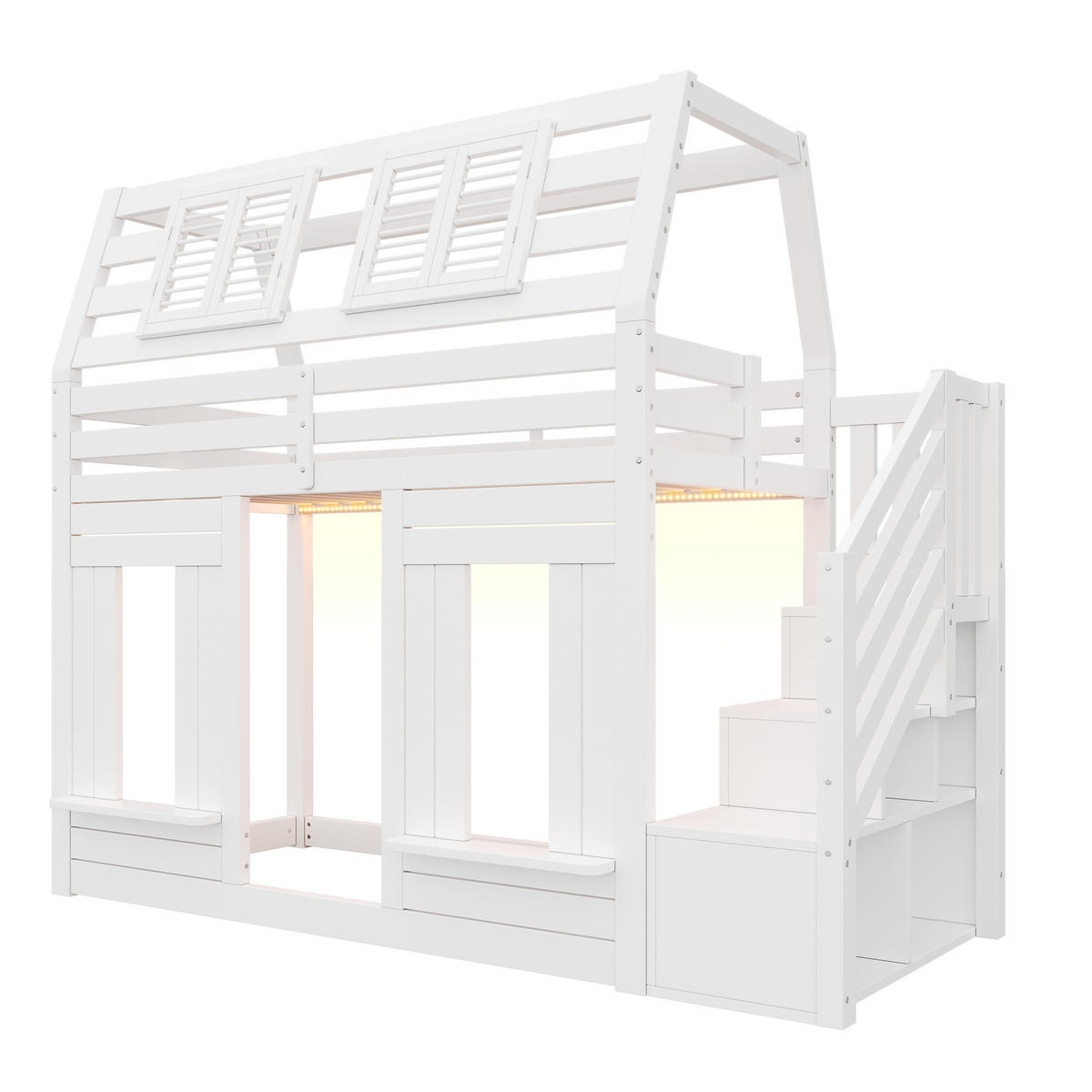 HAUSBETT 90/200 cm in Weiß mit LED und Stauraumtreppe - Weiß, Holzwerkstoff (90/200cm) - BEAOK