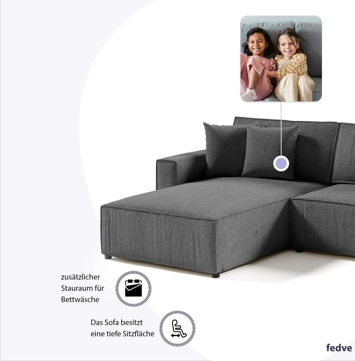 ECKSOFA Couch Sofagarnitur Sekwana L-form Spiel - Grau, Naturmaterialien (294/185cm) - Fedve