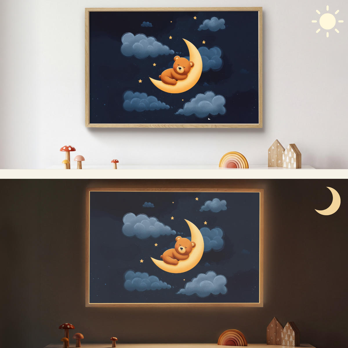 NÁSTĚNNÁ LAMPA S AKUMULÁTOREM Medvídek - Měsíc - Mraky - Hvězdy 90x60 cm - tmavě modrá, kompozitní dřevo (90/60/8cm) - OnlyWow