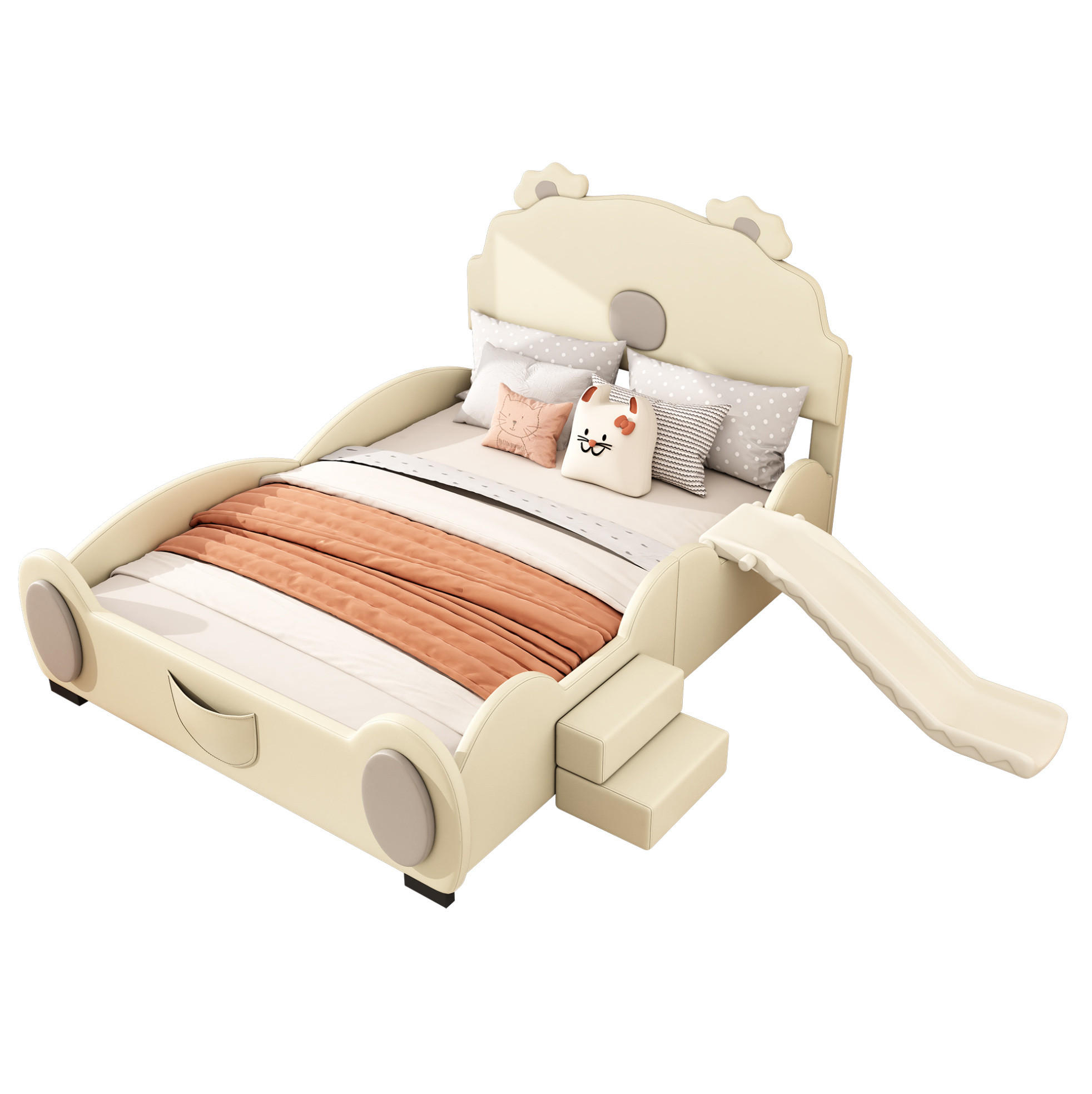KINDERBETT 140/200 cm Beige aus PU und MDF mit Rutsche und Leiter - Beige, Kunststoff (140/200cm) - OKMYHOME