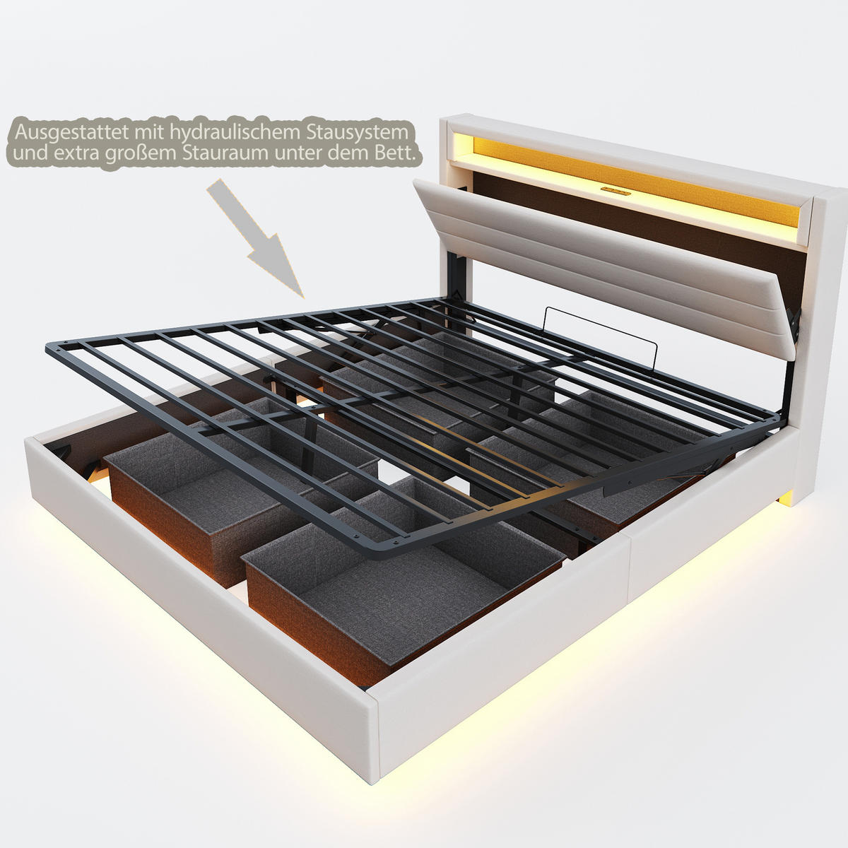 BETT mit Stauraum und LED 160x200 cm Beige - Beige, Metall (160/200cm) - Meubliv