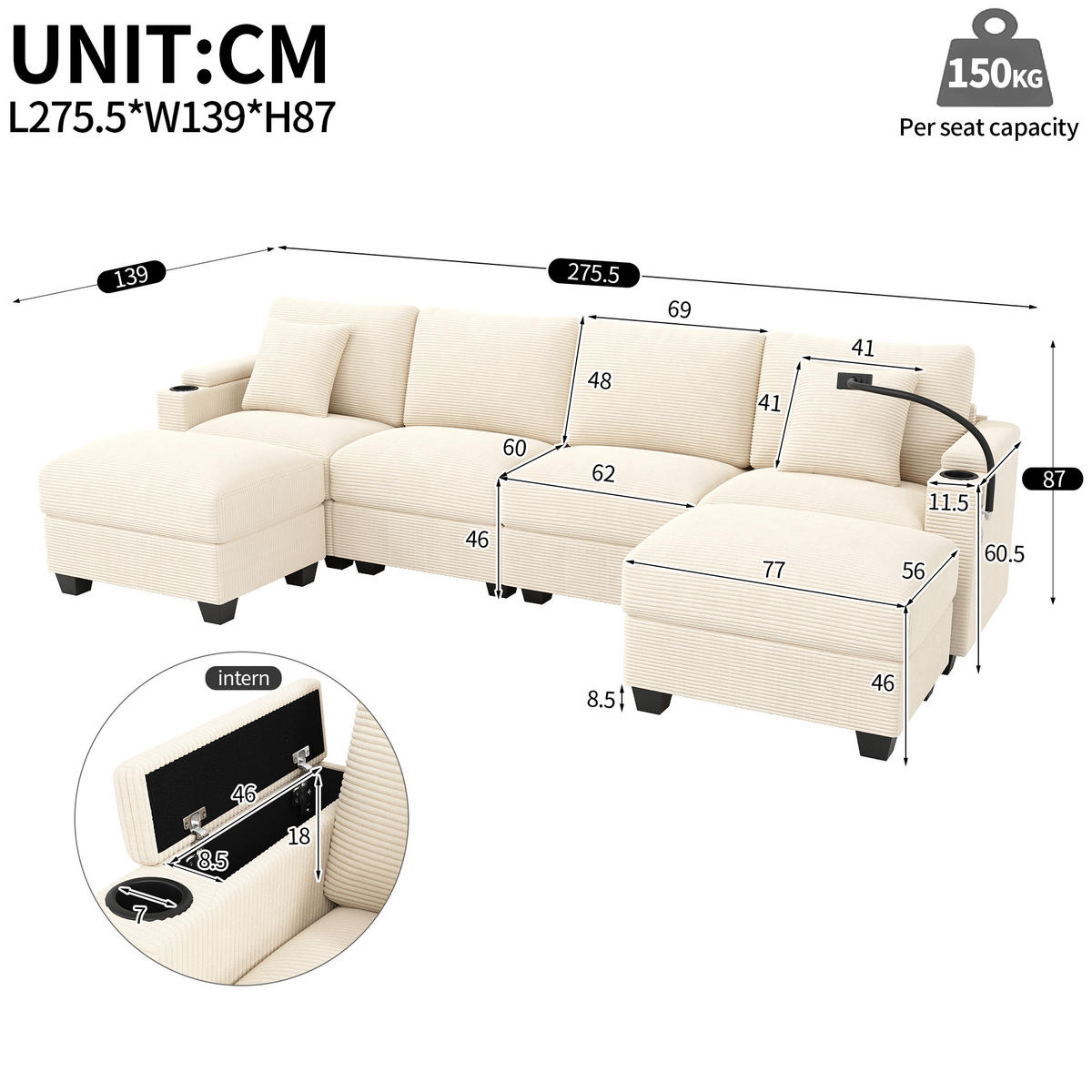 WOHNLANDSCHAFT Cord Beige mit USB, USB-C und Stauraum - Beige, Holzwerkstoff/Kunststoff (275.5/87/139cm) - WISHDOR
