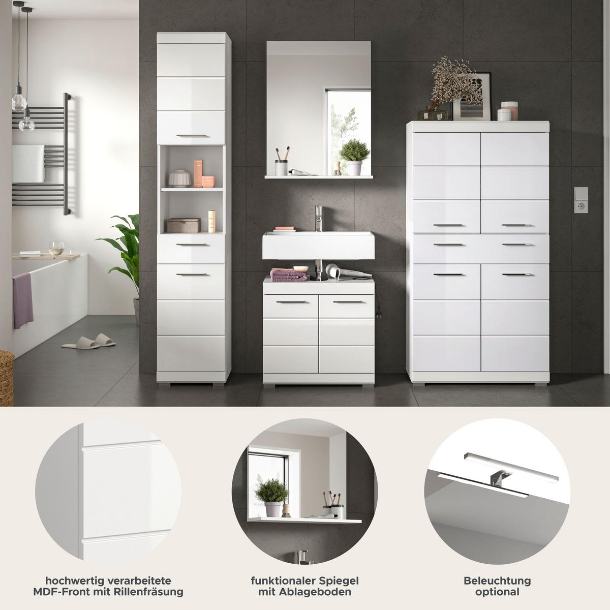 BADKOMBINATION 4tlg. Scout Bad in weiß Nachbildung und weiß hochglanz B/H/T: 186x191x34 cm - Weiß, Holz (186/191/34cm)