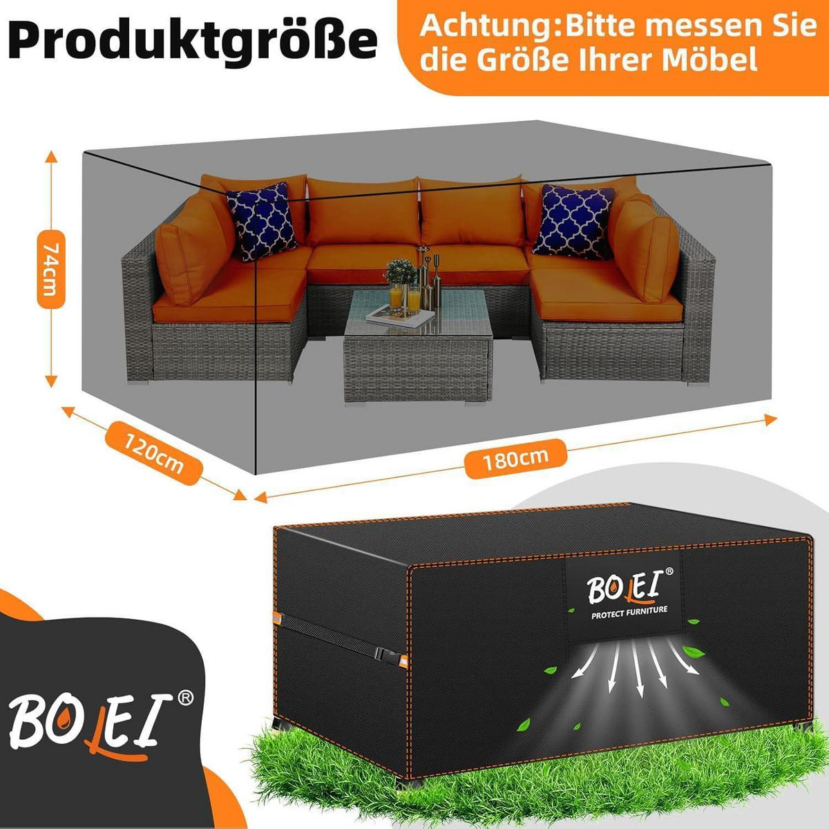 ABDECKHAUBE Gartenmöbel 180 x 120 x 74 cm Wasserdicht 420D Oxford Stoff - Schwarz, Kunststoff (120/74/180cm)