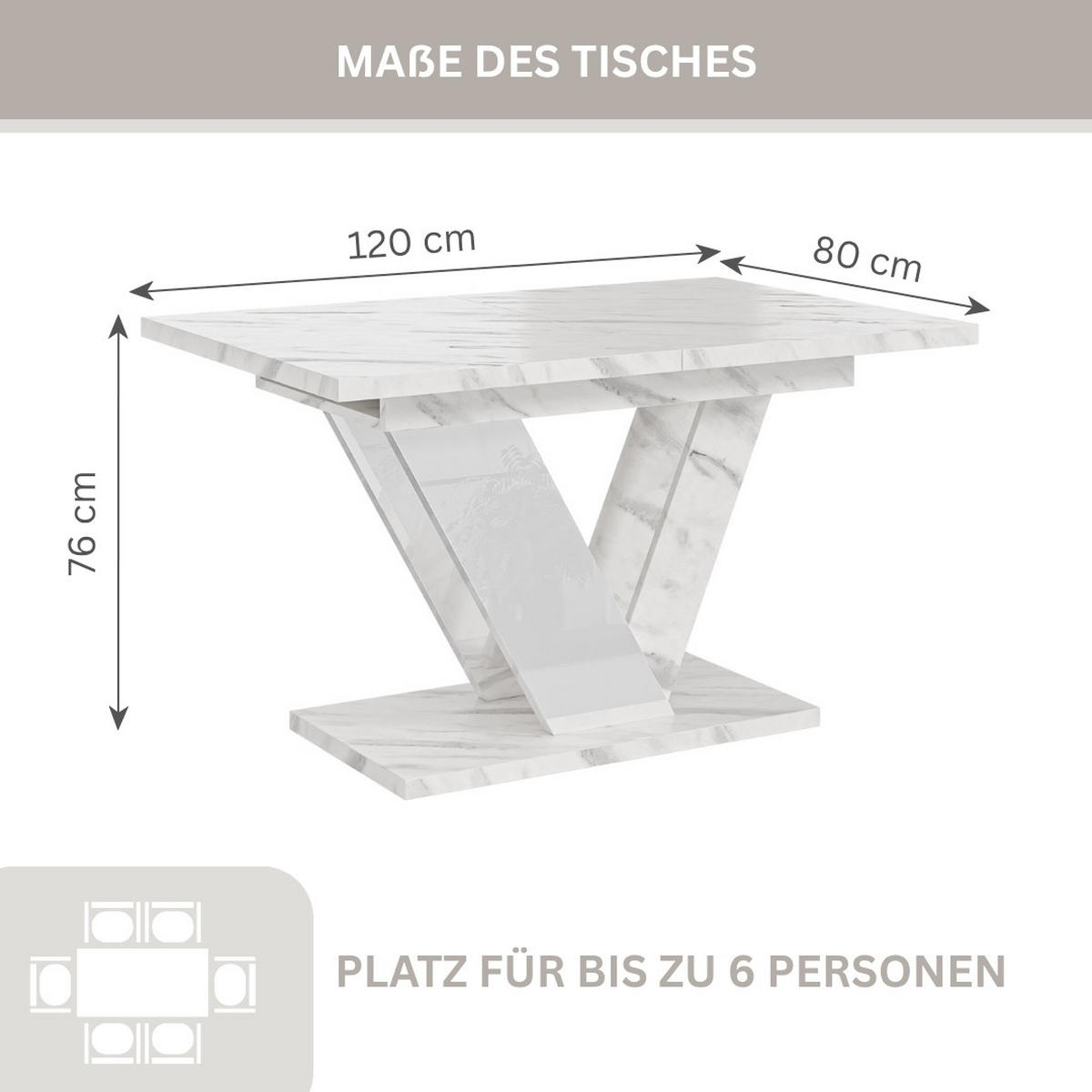 ESSTISCH Bianco Weiß Marmoptik Ausziehbar 120 - 160 cm - Weiß, Holzwerkstoff (120/80/76cm) - PROSPERO