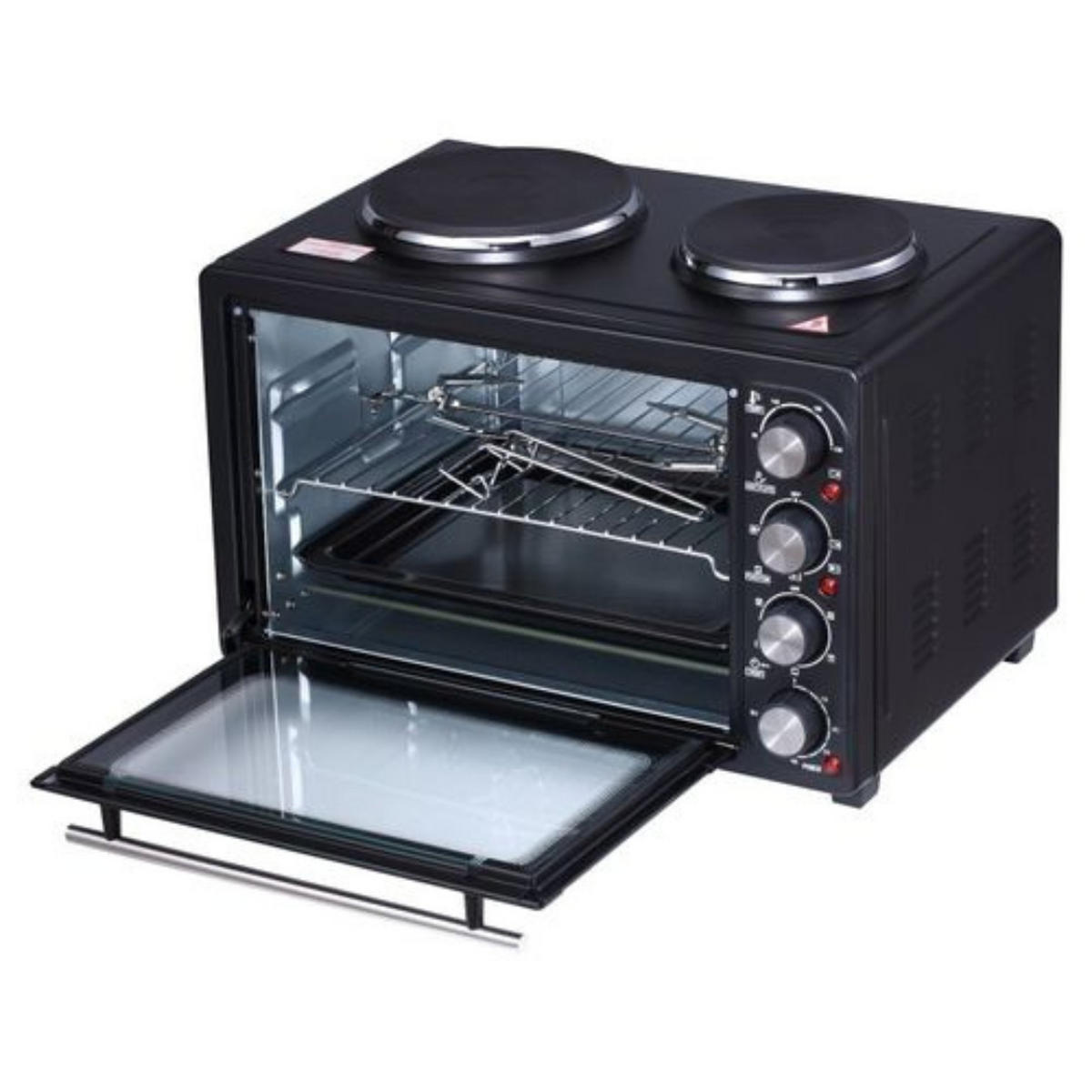 MINIBACKOFEN, Umluft, 36L, 2 Kochplatten, Elektrobackofen, Küche, Haushalt, Pizzaofen, Brot backen, Aufbacken, Kochen, Snacks, kompakt, Timer, Grill - Schwarz, Metall (65/39.5/43cm) - Adler